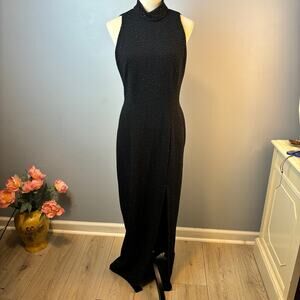 Vintage Sequin Mock High Neck Halter Formal Dress Gown Whimsigoth Black Sz 10
